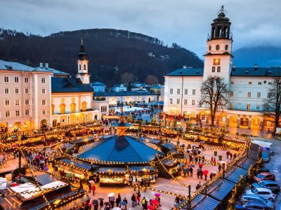 Salzburg, Austria. Christmas market at Cathedral Square, origins of Christkindlmarkt X-mas fair go back to the late 15th century.